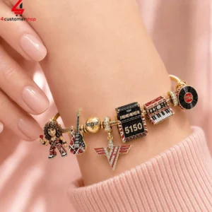 Van Halen themed charm bracelet on a wrist featuring rock music icons.