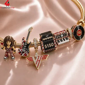 Van Halen themed gold charm bracelet with miniature Eddie Van Halen figure, guitar, amplifier, and 1984 record charms.