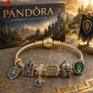 Pandora Warcraft collection gold charm bracelet featuring iconic game symbols.