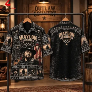 Front and back view of a Waylon Jennings themed graphic short-sleeve button-up shirt.