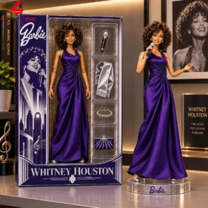 Whitney Houston Barbie doll collectible in a purple gown