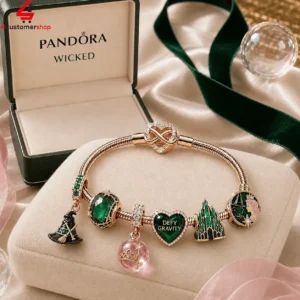 Pandora Wicked jewelry collection bracelet with themed charms on a display cushion