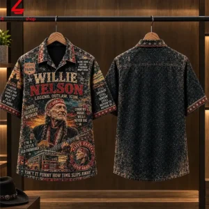 Willie Nelson tribute print shirt showing front and back views.