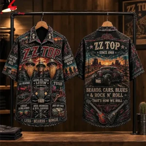 Front and back view of a ZZ Top themed short-sleeve button-up shirt featuring band imagery and classic rock aesthetic.