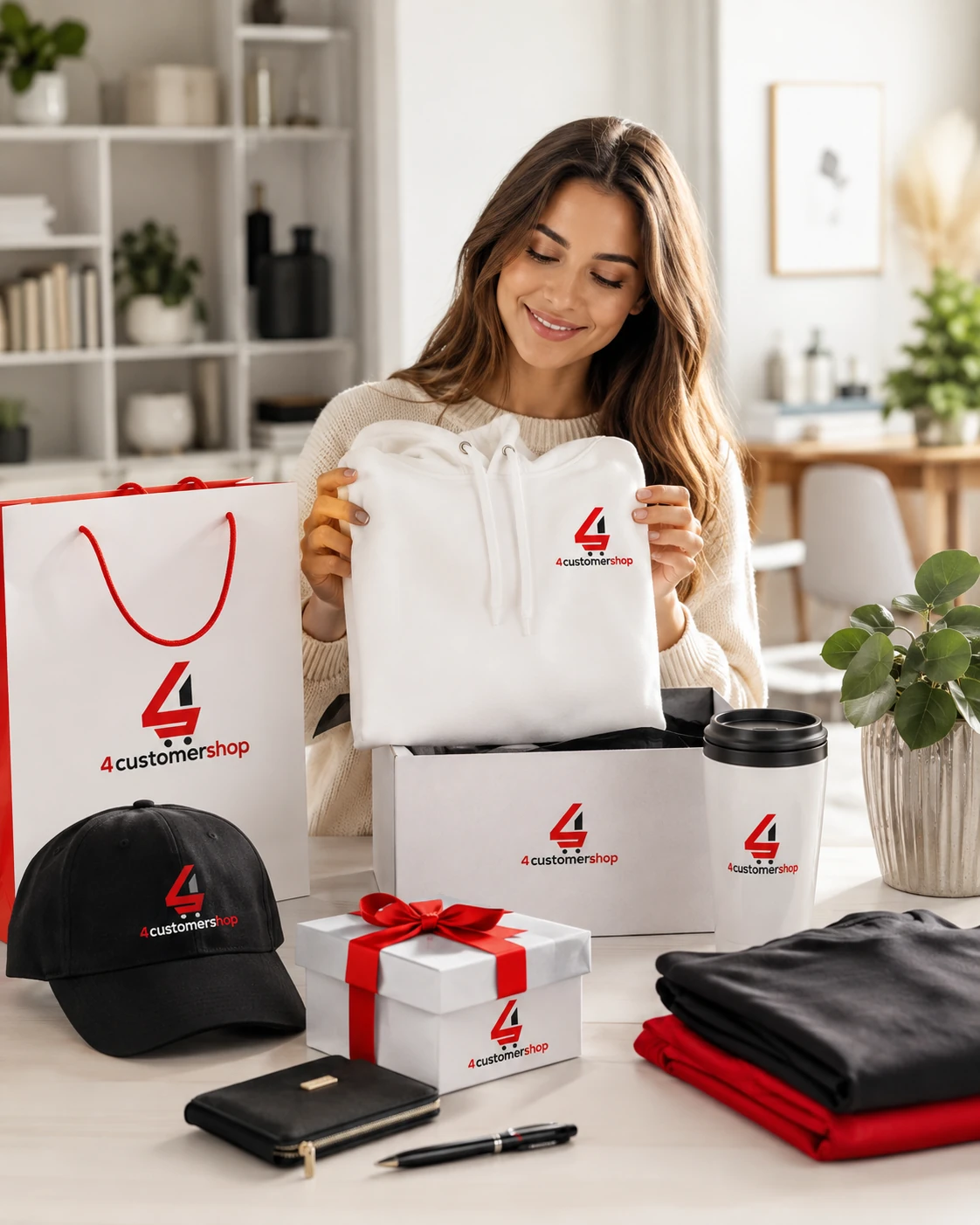 Woman unboxing branded clothing and merchandise from 4customershop