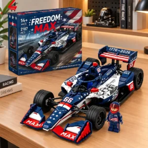 Freedom Max building block formula race car with matching box and minifigure