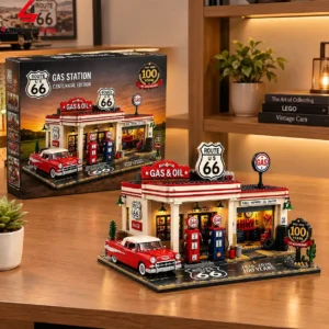 Route 66 gas station building block set with red vintage car and packaging box