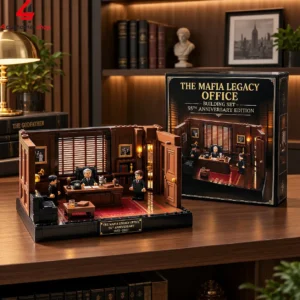 The Mafia Legacy Office 55th Anniversary Edition brick building set displayed with its box on a wooden desk