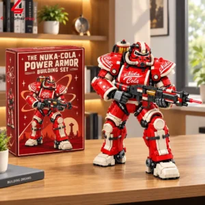 Nuka-Cola Power Armor building set with its red and white box on a wooden desk