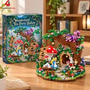 Wonderland Tea Party Hollow building block set with Alice, White Rabbit, and Cheshire Cat figures